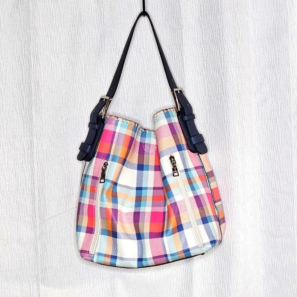 Jen & Co Vegan Leather Bright Pastel Plaid Tote Bag & Shoulder Bag 2 piece set
